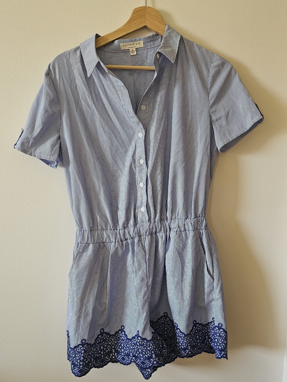 Current Air Blue Striped Button Romper with Navy Lace Trim